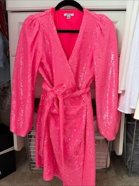 Neon Pink Sequin Wrap Dress with Tie